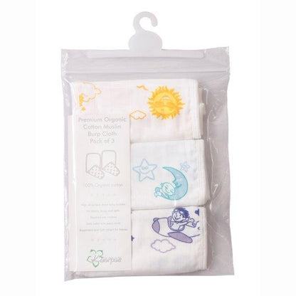 Kaarpas Premium Organic Cotton Muslin Burp cloth with Sky Theme of Sun, Moon and Parachute, Pack of 3 - Tinycubs - 