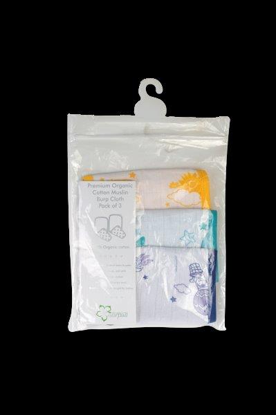 Kaarpas Premium Organic Cotton Muslin Burp cloth with Sky Theme of Sun, Moon and Parachute, Pack of 3 - Tinycubs - 