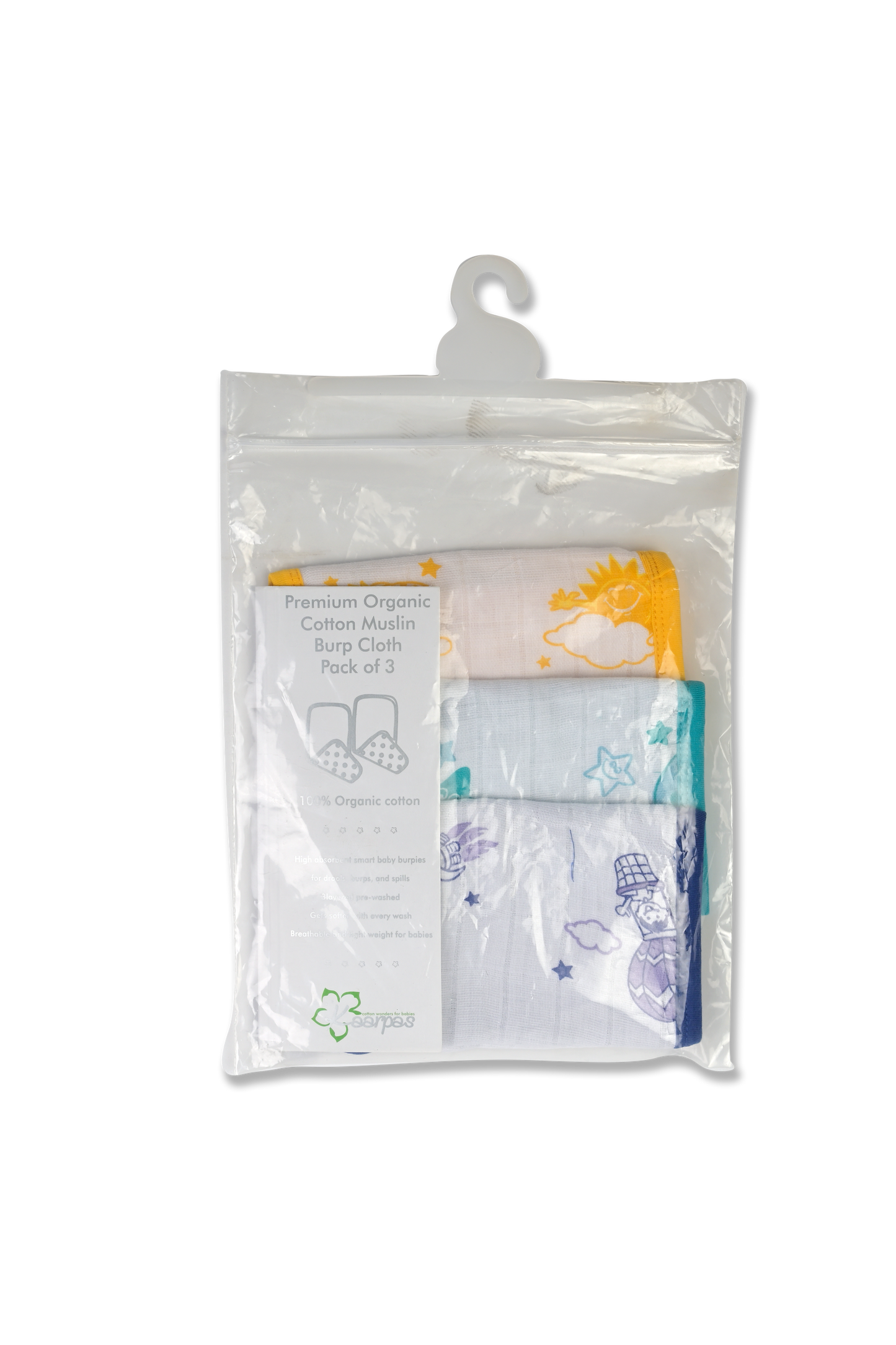 Kaarpas Premium Organic Cotton Muslin Burp cloth with Sky Theme of Sun, Moon and Parachute, Pack of 3 - Tinycubs - 