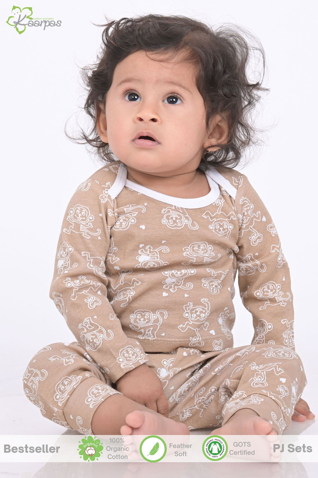 Kaarpas organic cotton 2-piece baby PJ set with jumping monkey- Brown - Tinycubs - 