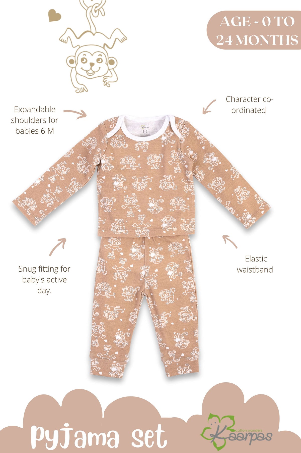 Kaarpas organic cotton 2-piece baby PJ set with jumping monkey- Brown - Tinycubs - 