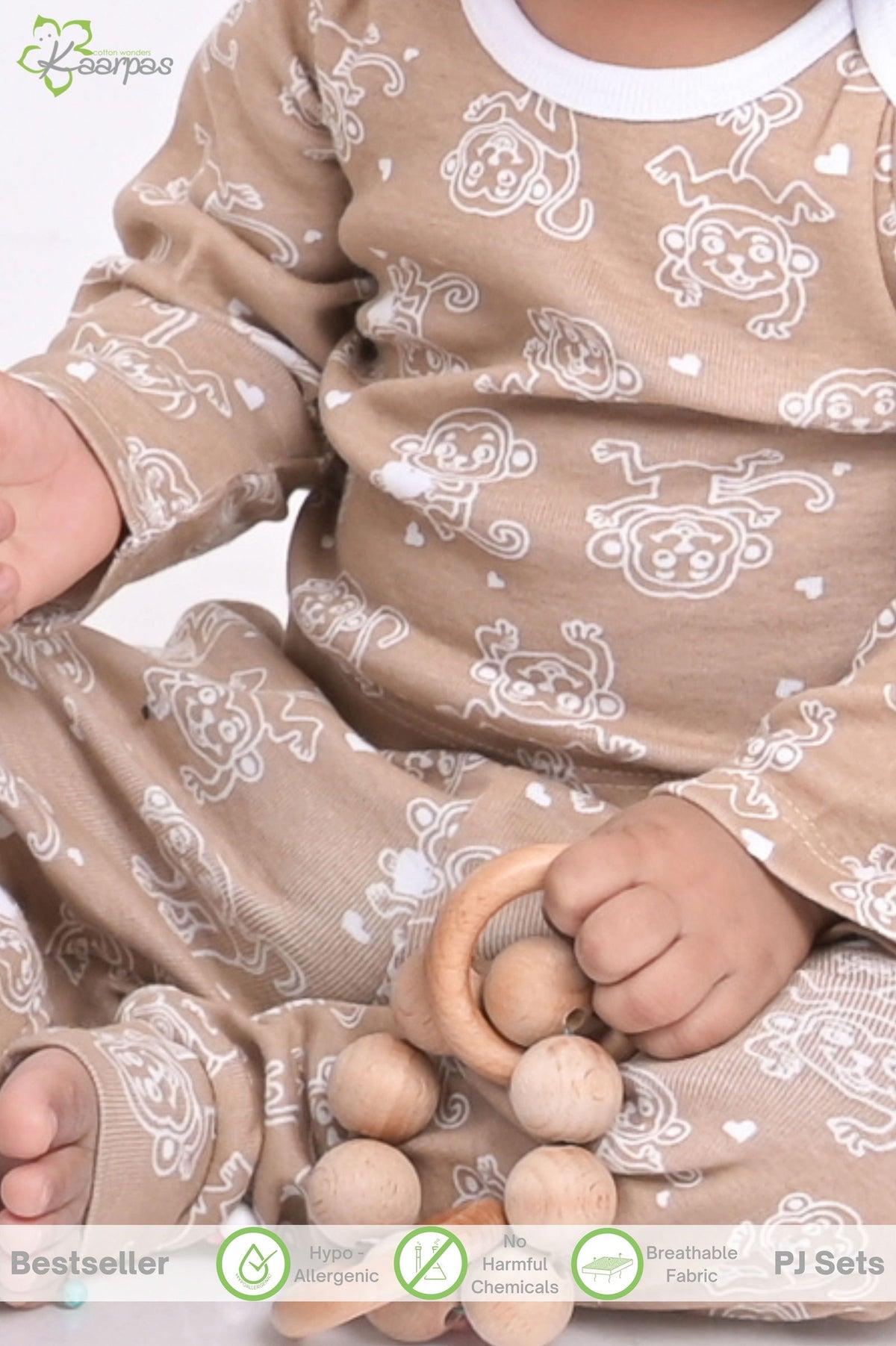 Kaarpas organic cotton 2-piece baby PJ set with jumping monkey- Brown - Tinycubs - 