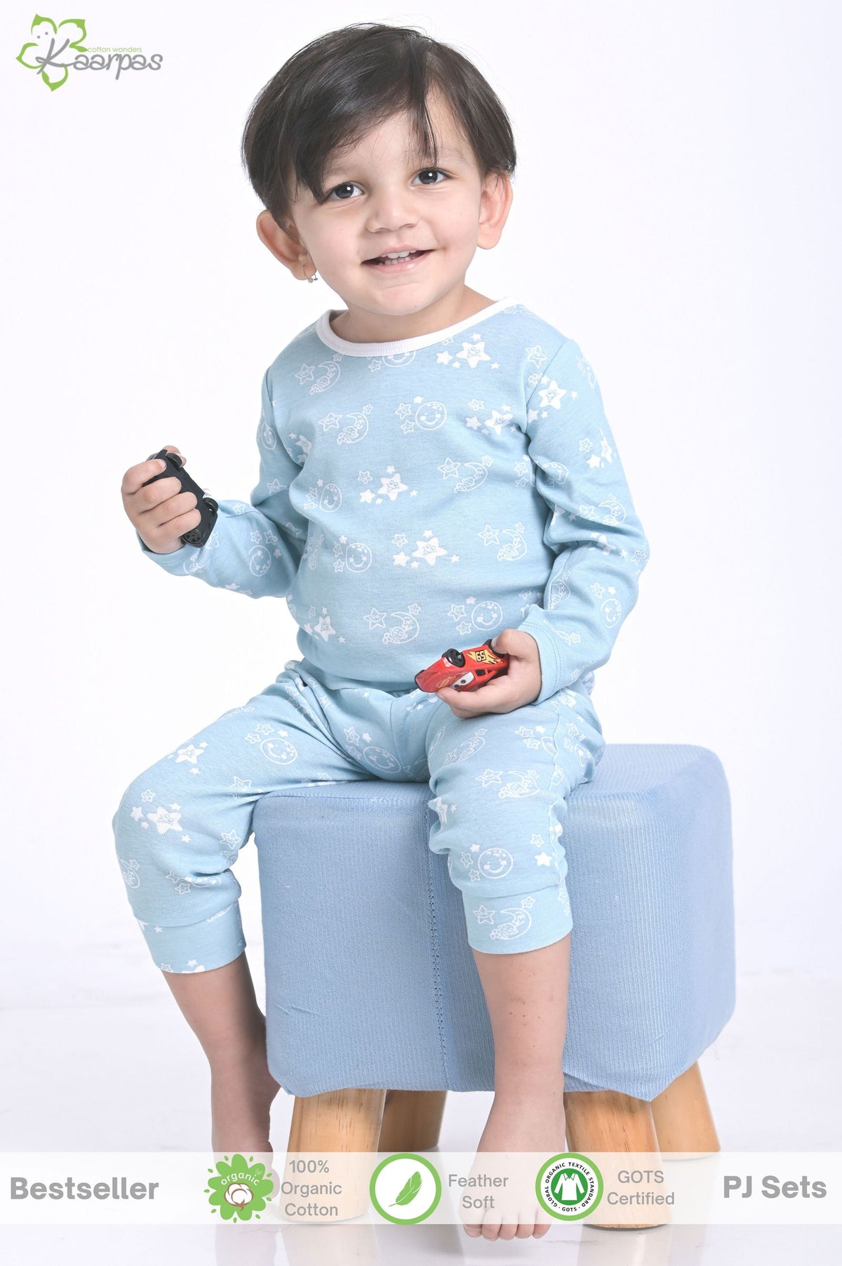 Kaarpas organic cotton 2 piece baby PJ set with bright star and moon - Sky blue - Tinycubs - 