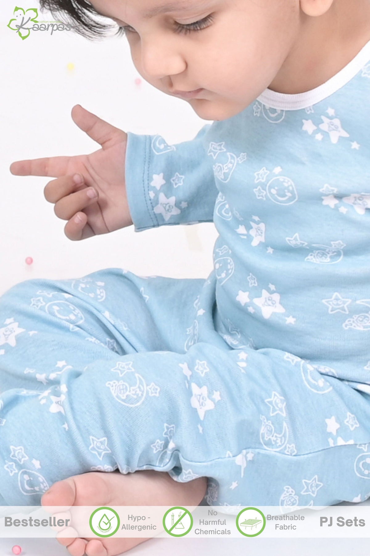 Kaarpas organic cotton 2 piece baby PJ set with bright star and moon - Sky blue - Tinycubs - 