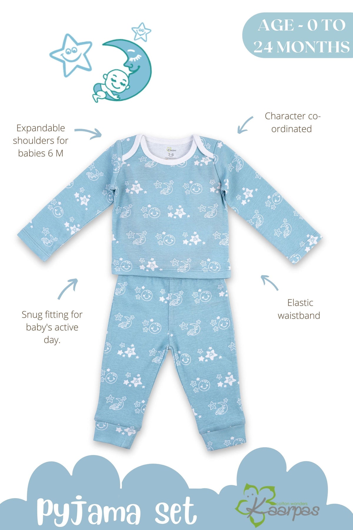Kaarpas organic cotton 2 piece baby PJ set with bright star and moon - Sky blue - Tinycubs - 