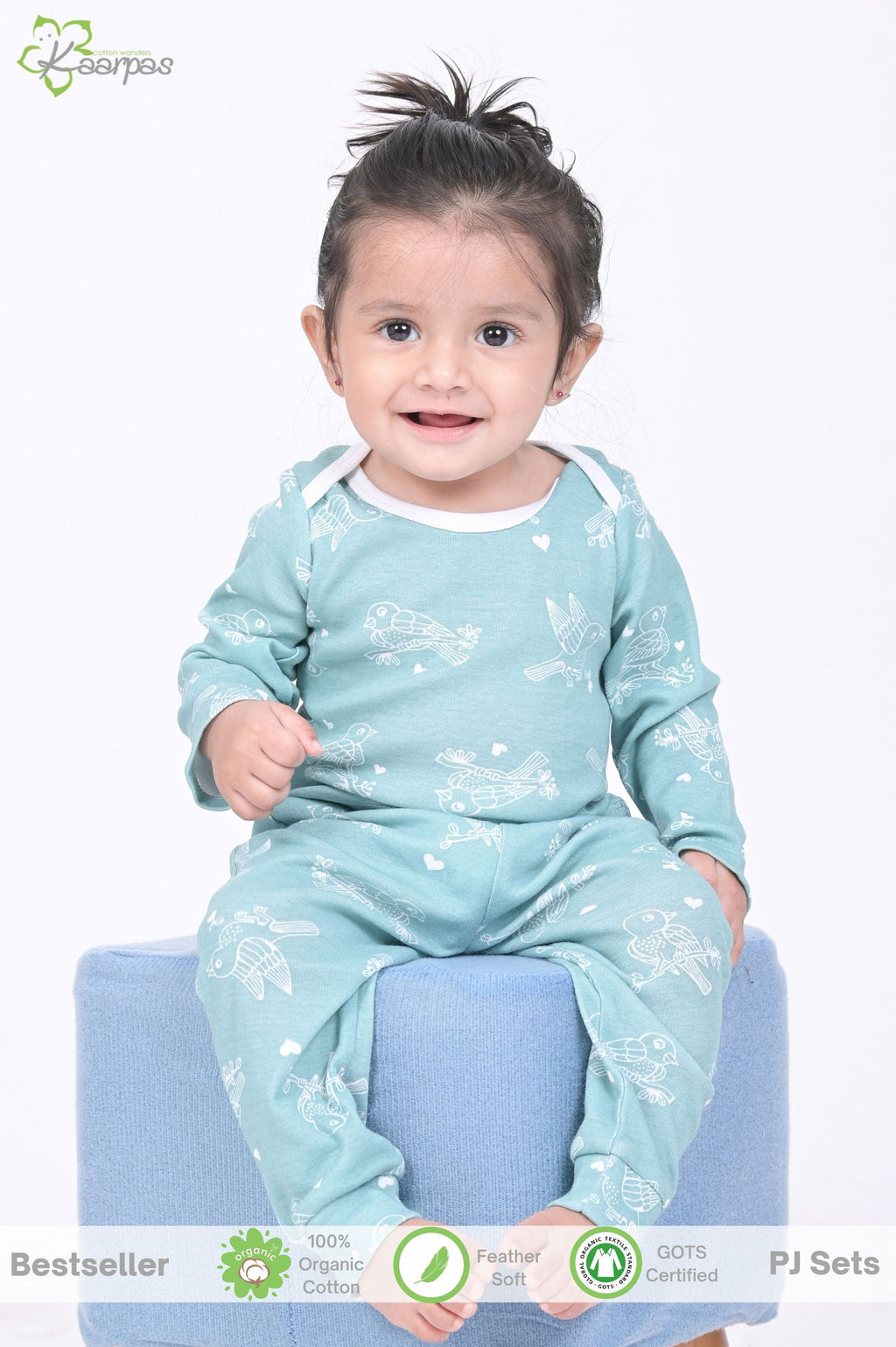 Kaarpas organic cotton 2 piece baby PJ set with chirpy sparrow - Teal - Tinycubs - 