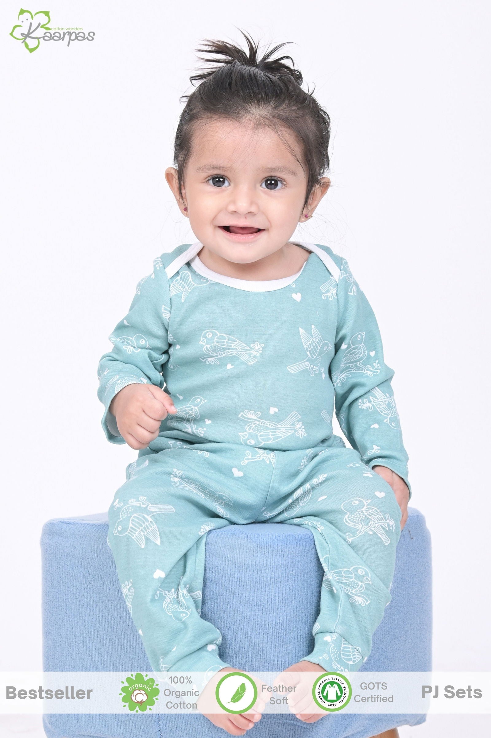 Kaarpas organic cotton 2 piece baby PJ set with chirpy sparrow - Teal - Tinycubs - 