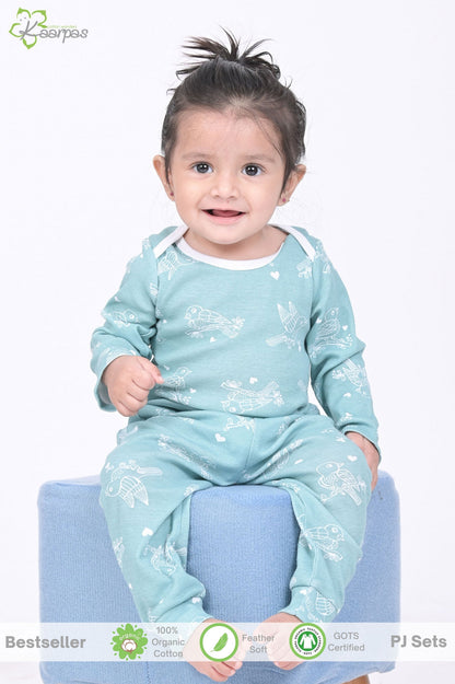 Kaarpas organic cotton 2 piece baby PJ set with chirpy sparrow - Teal - Tinycubs - 