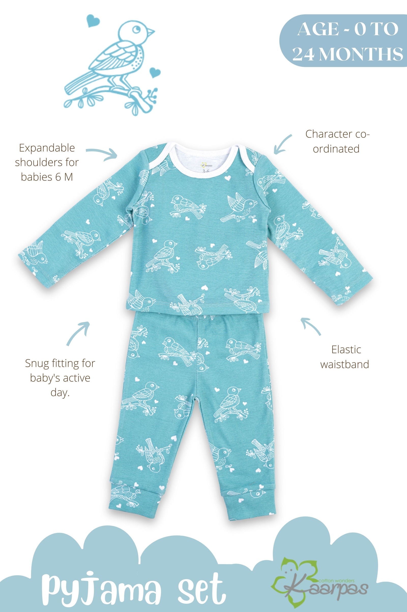 Kaarpas organic cotton 2 piece baby PJ set with chirpy sparrow - Teal - Tinycubs - 