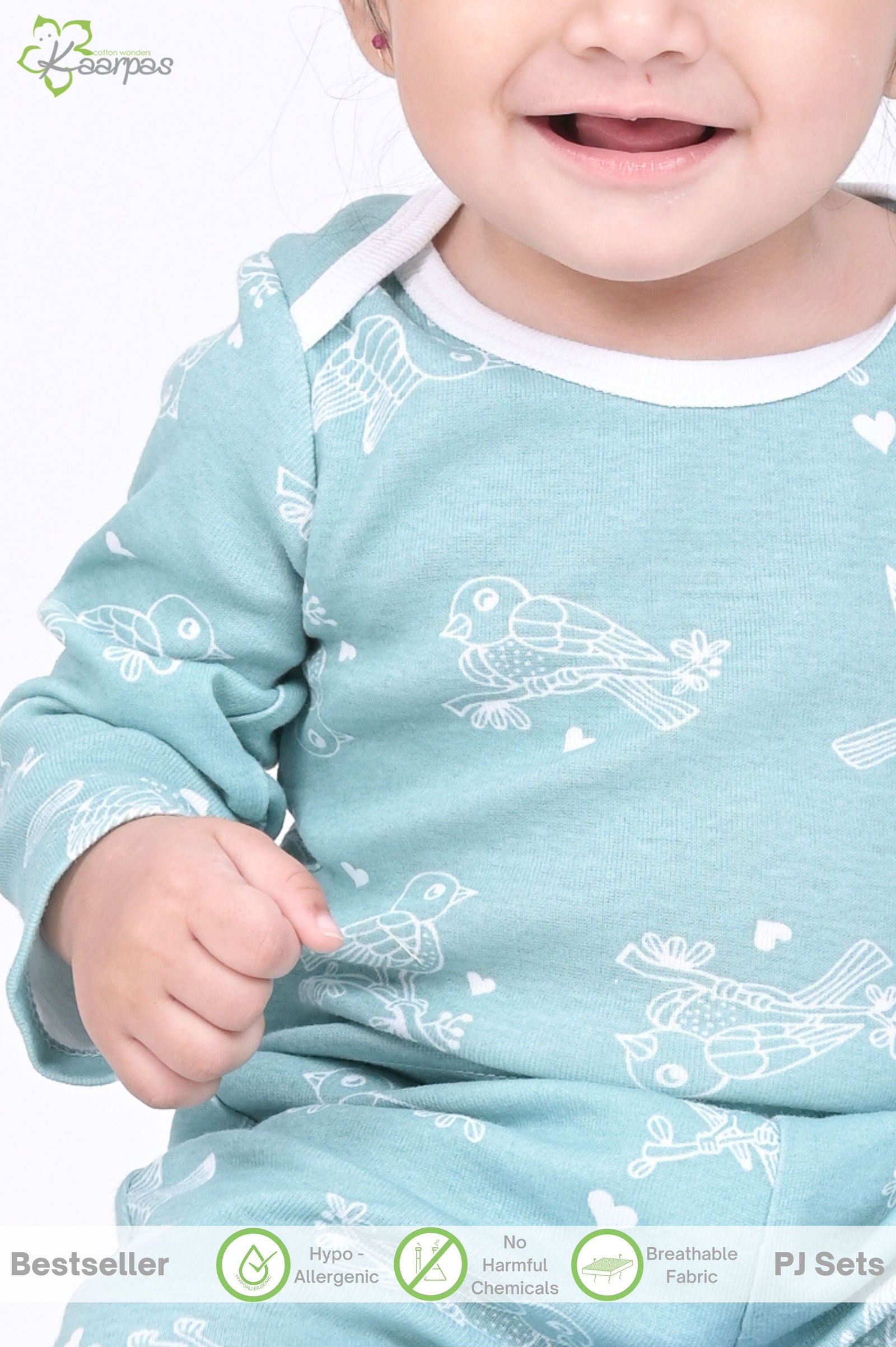 Kaarpas organic cotton 2 piece baby PJ set with chirpy sparrow - Teal - Tinycubs - 