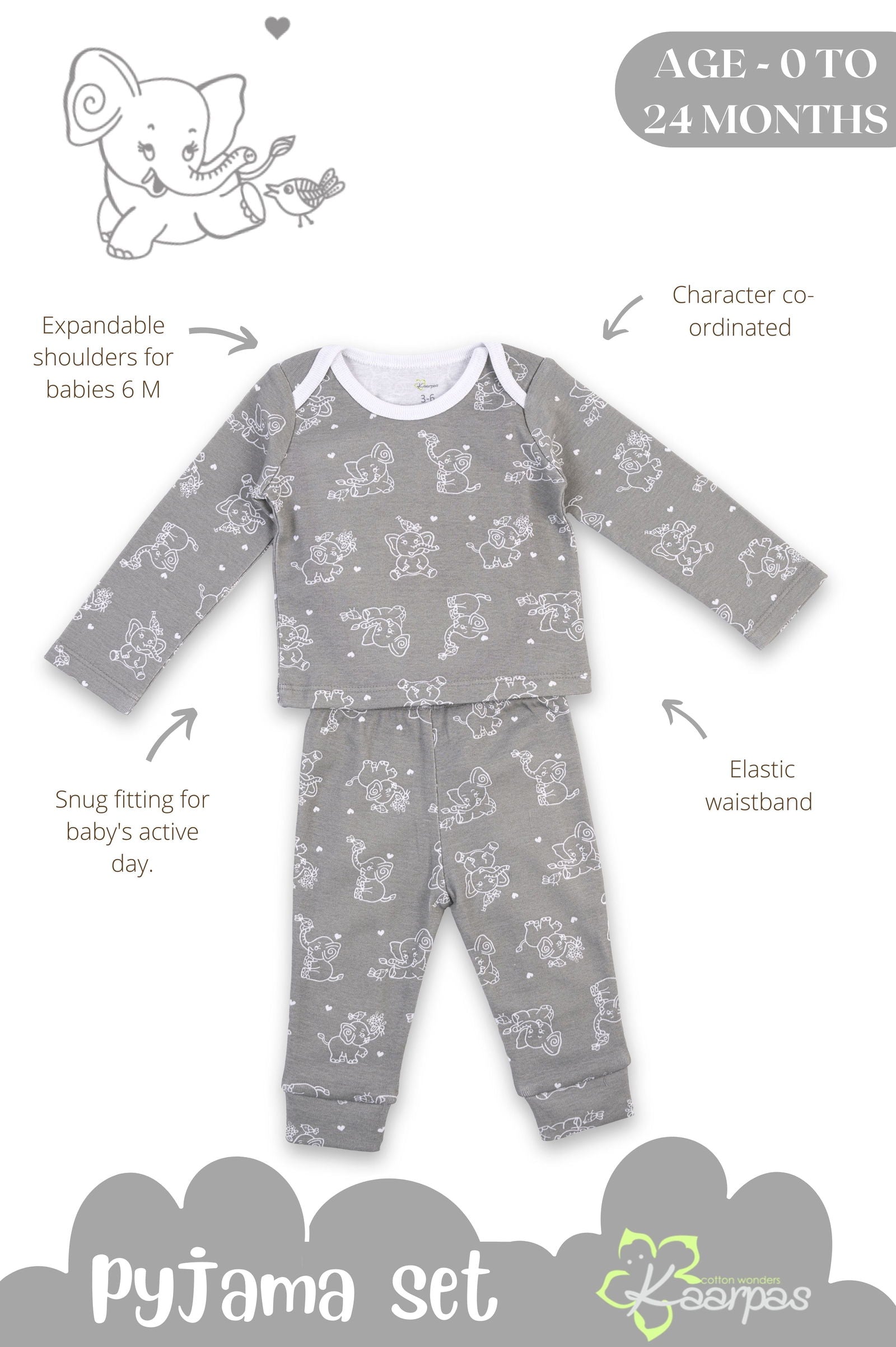 Kaarpas organic cotton 2 piece  baby PJ set with jumbo elephant - Tinycubs - 