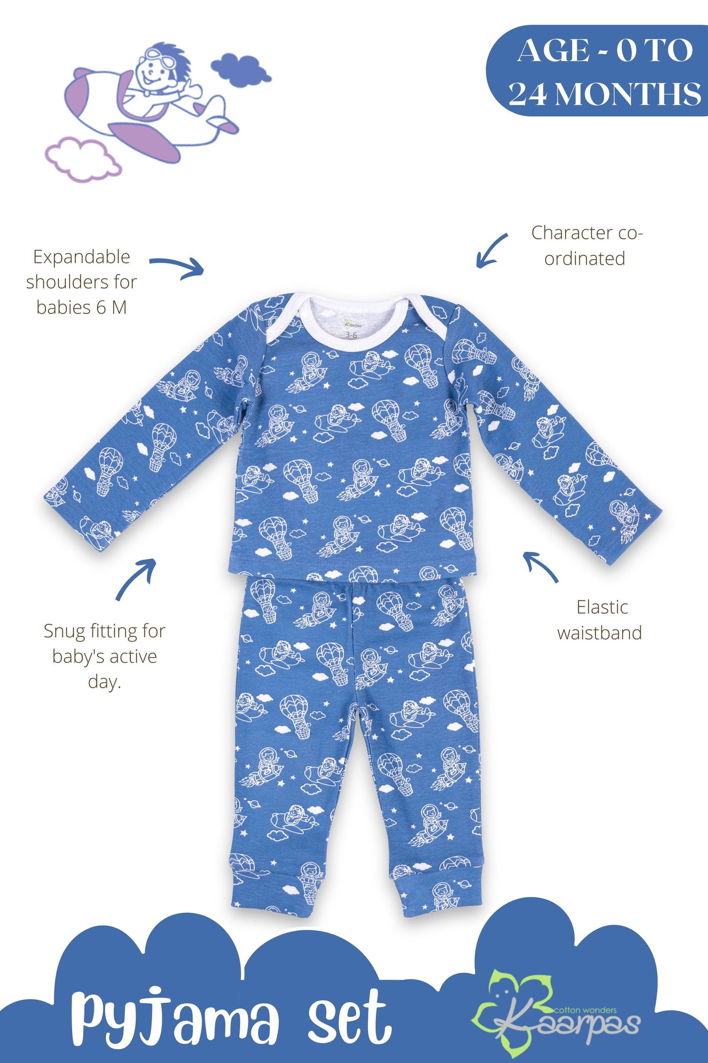 Kaarpas organic cotton 2 piece baby into the sky with parachute PJ set - Blue - Tinycubs - 