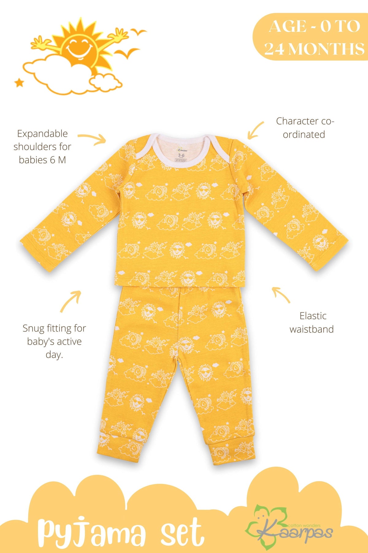 Kaarpsas organic cotton 2 piece baby PJ set with mighty sun - Tinycubs - 