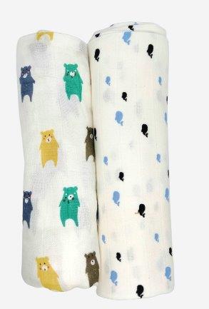 Kindermum Organic Cotton Muslin Swaddle Blanket Large Size Set of 2 - Bear and Whale - Tinycubs - 