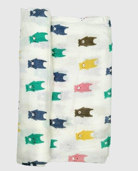 Kindermum Organic Cotton Muslin Swaddle Blanket Large Size Set of 2 - Bear and Whale - Tinycubs - 