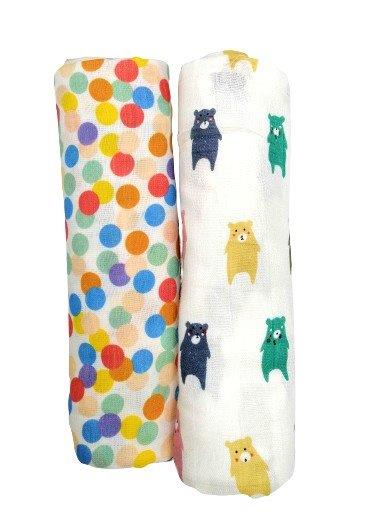 Kindermum Organic Cotton Muslin Swaddle Blanket Large Size Set of 2 - Colorful Polka and Bear - Tinycubs - 