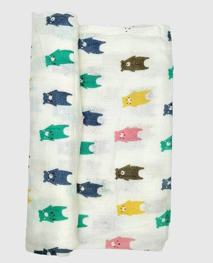 Kindermum Organic Cotton Muslin Swaddle Blanket Large Size Set of 2 - Colorful Polka and Bear - Tinycubs - 