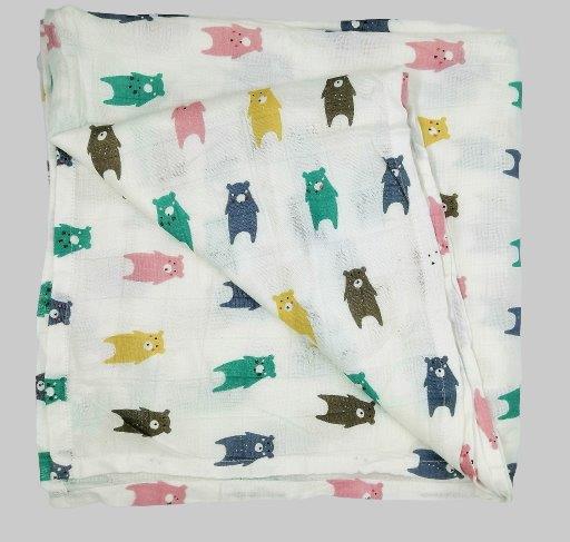 Kindermum Organic Cotton Muslin Swaddle Blanket Large Size Set of 2 - Colorful Polka and Bear - Tinycubs - 