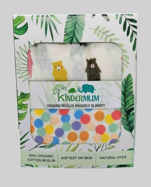 Kindermum Organic Cotton Muslin Swaddle Blanket Large Size Set of 2 - Colorful Polka and Bear - Tinycubs - 