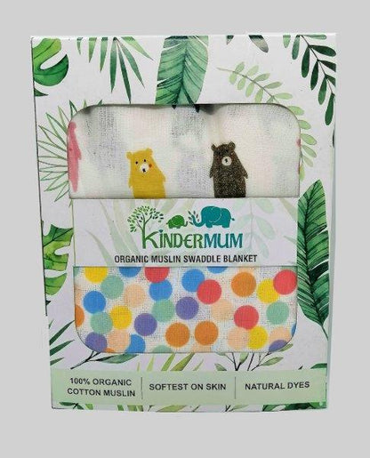 Kindermum Organic Cotton Muslin Swaddle Blanket Large Size Set of 2 - Colorful Polka and Bear - Tinycubs - 