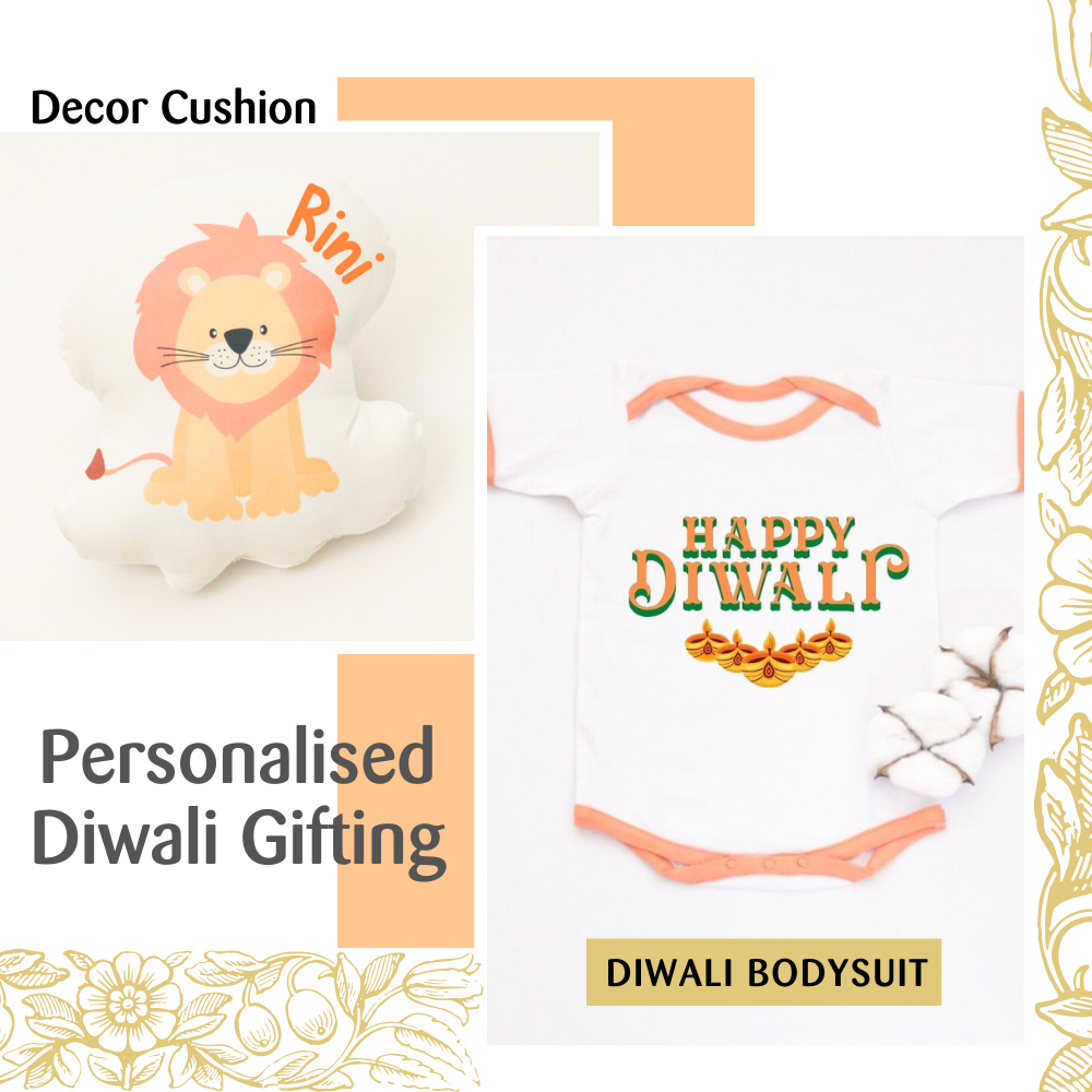 Lion Decor Cushion & Diwali Bodysuit Gift Set - Tinycubs - 