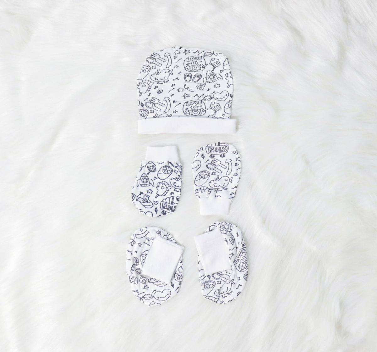 Love You Mom - Cotton Cap, Mittens & Booties Set - Tinycubs - 
