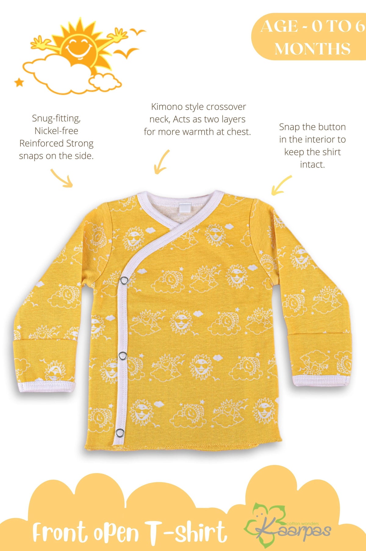 Mighty Sun front open side snap full sleeves T-shirt - Yellow - Tinycubs - 