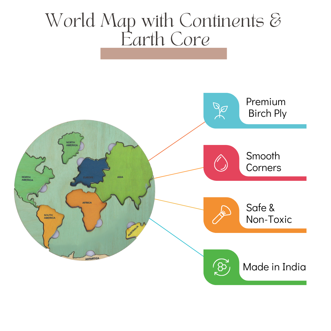 NESTA TOYS - World Map with Continents & Earth Core | Montessori Wooden Puzzle - Tinycubs - 