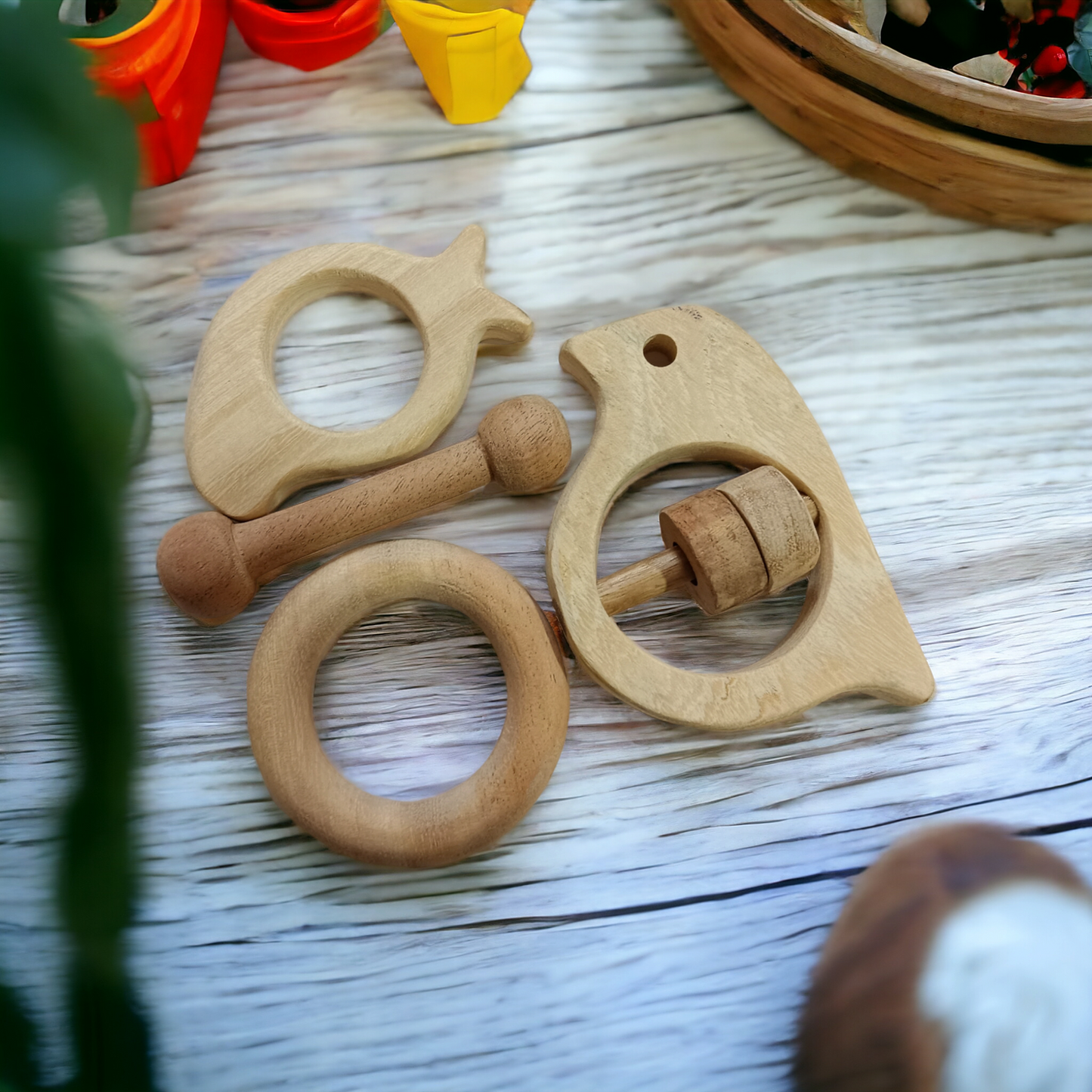 Neem Wooden Rattle & Teethers - Sparrow, Mango, Dumbbell & Ring - Tinycubs - 