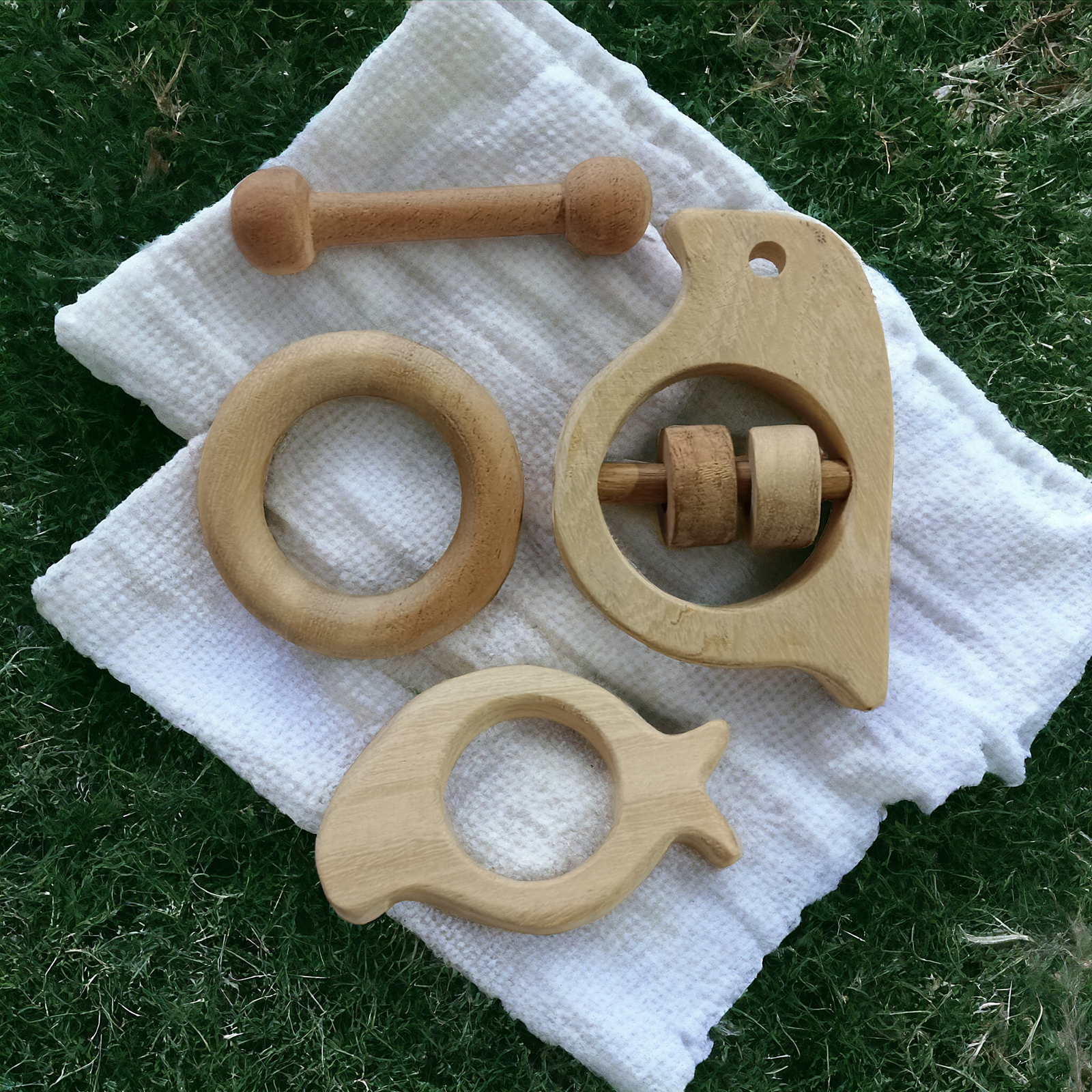 Neem Wooden Rattle & Teethers - Sparrow, Mango, Dumbbell & Ring - Tinycubs - 