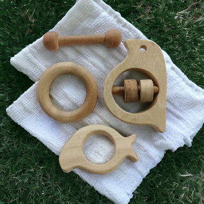 Neem Wooden Rattle & Teethers - Sparrow, Mango, Dumbbell & Ring - Tinycubs - 