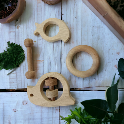 Neem Wooden Rattle & Teethers - Sparrow, Mango, Dumbbell & Ring - Tinycubs - 