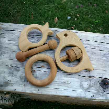Neem Wooden Rattle & Teethers - Sparrow, Mango, Dumbbell & Ring - Tinycubs - 