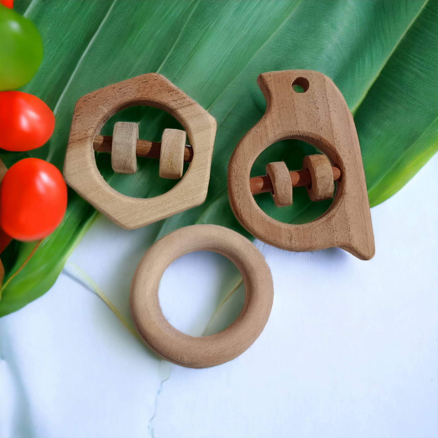 Neem Wooden Rattles & Teethers - Sparrow, Hexagon & Ring Shapes - Tinycubs - 