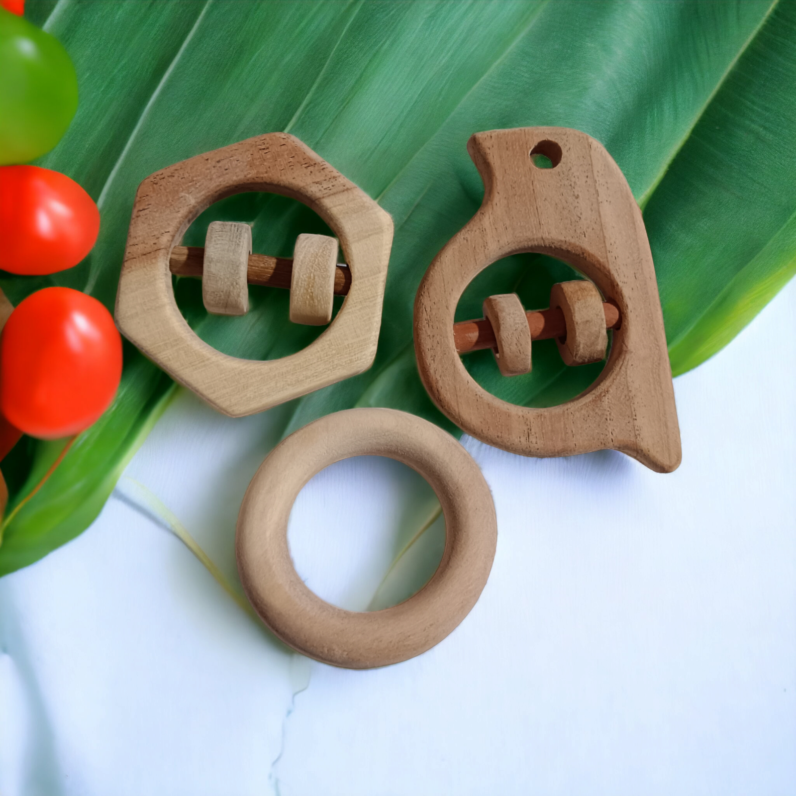 Neem Wooden Rattles & Teethers - Sparrow, Hexagon & Ring Shapes - Tinycubs - 