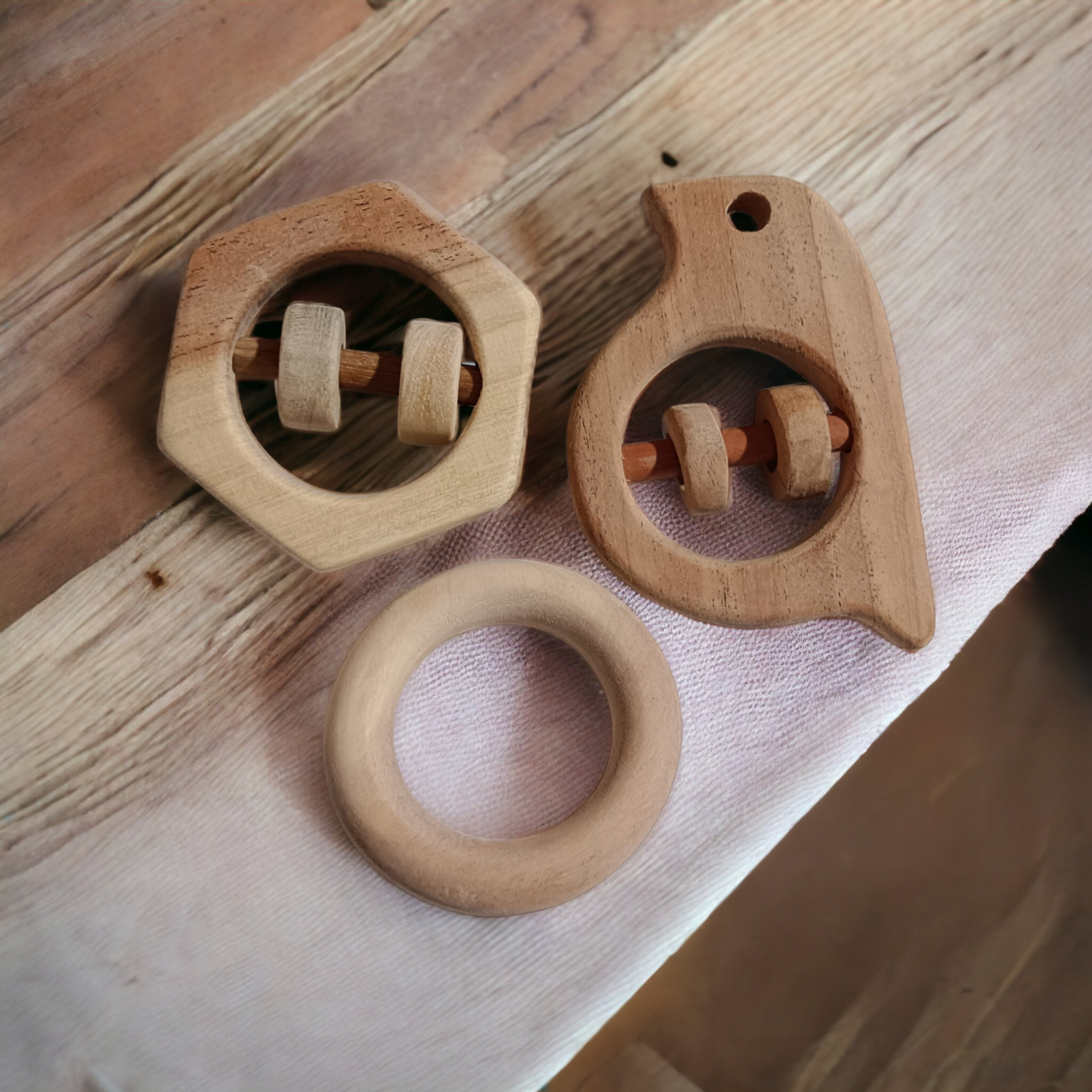 Neem Wooden Rattles & Teethers - Sparrow, Hexagon & Ring Shapes - Tinycubs - 