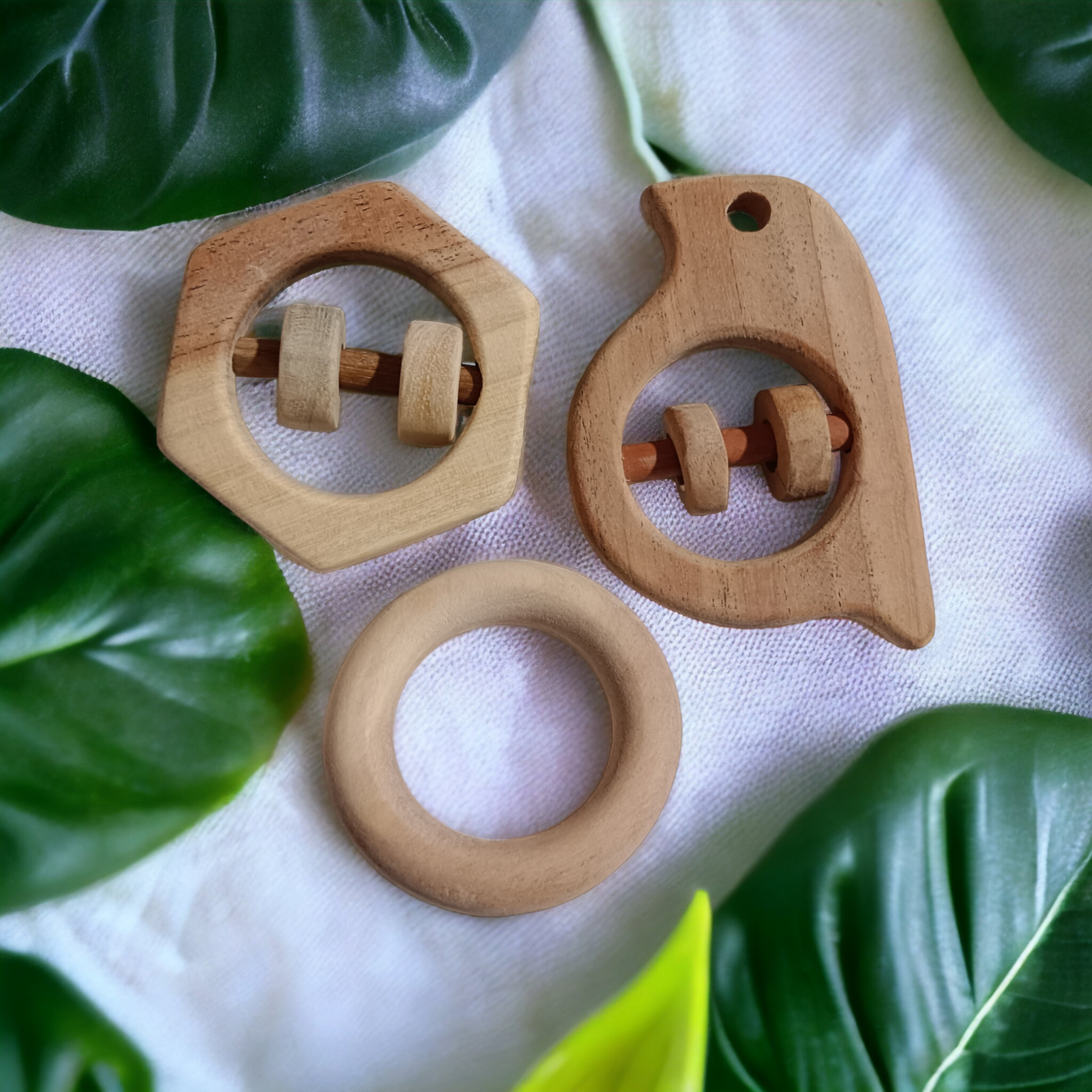 Neem Wooden Rattles & Teethers - Sparrow, Hexagon & Ring Shapes - Tinycubs - 