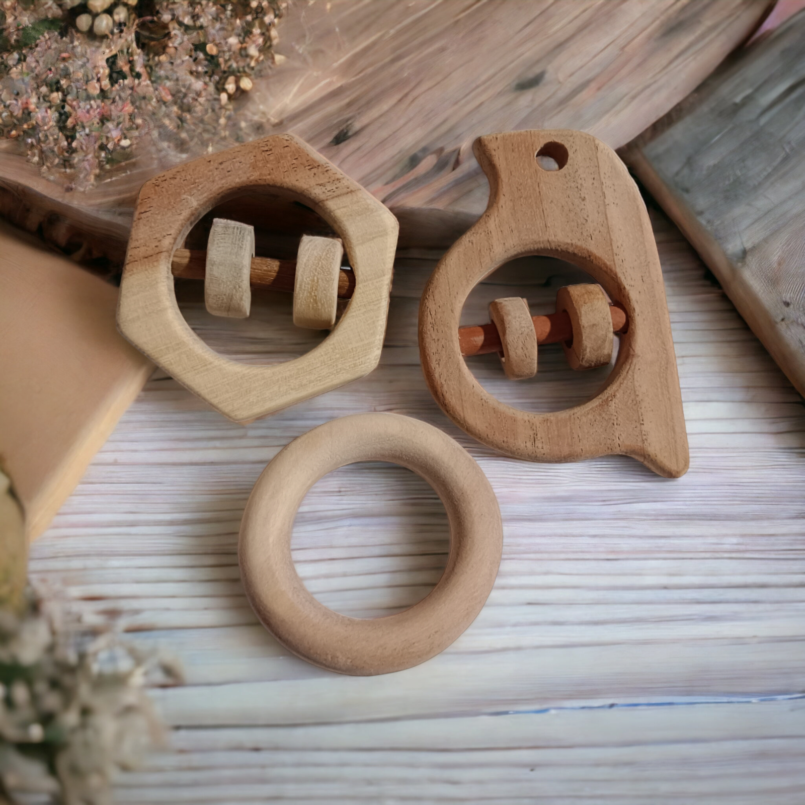 Neem Wooden Rattles & Teethers - Sparrow, Hexagon & Ring Shapes - Tinycubs - 