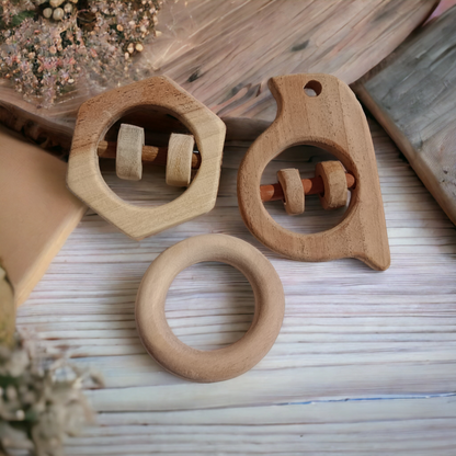 Neem Wooden Rattles & Teethers - Sparrow, Hexagon & Ring Shapes - Tinycubs - 