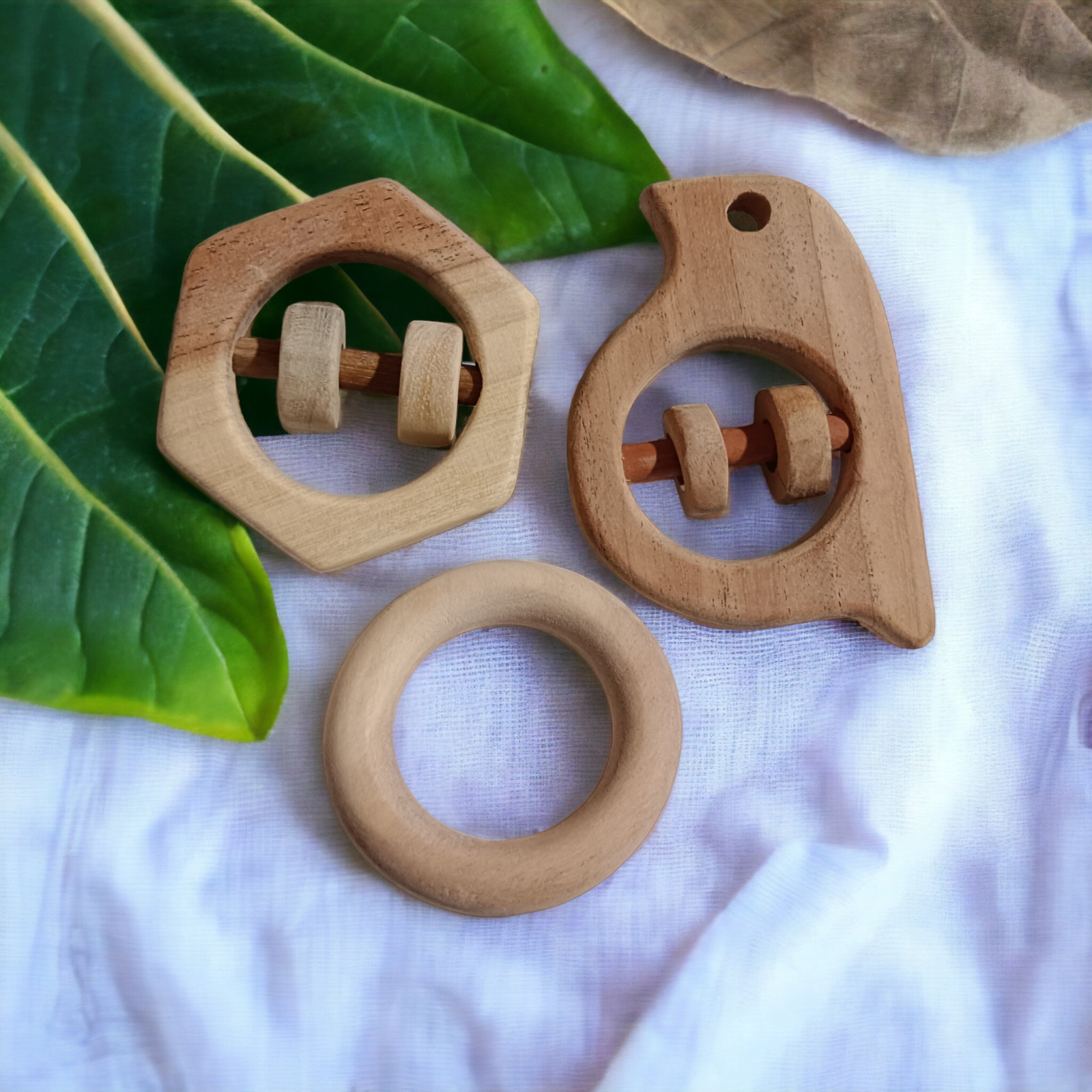 Neem Wooden Rattles & Teethers - Sparrow, Hexagon & Ring Shapes - Tinycubs - 