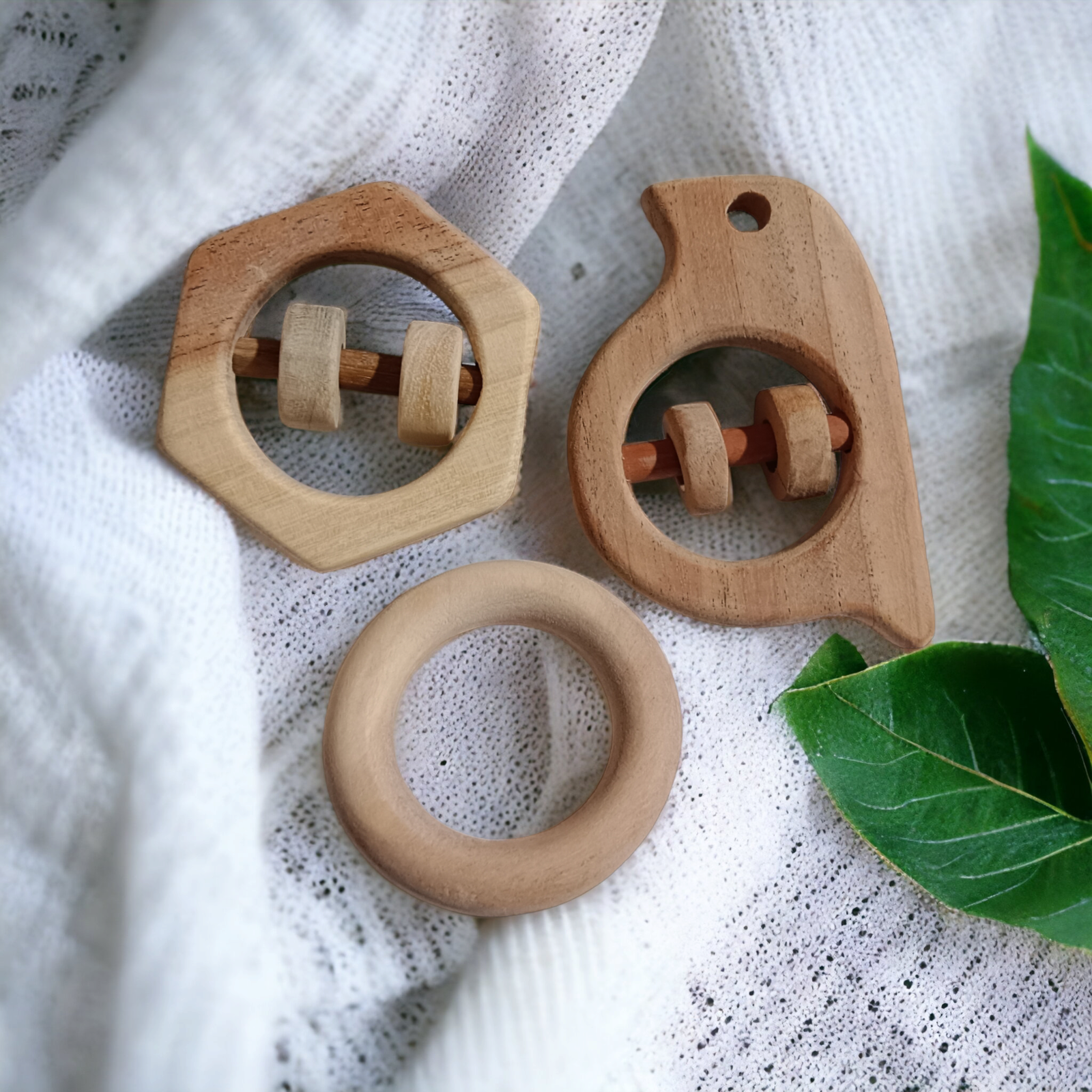 Neem Wooden Rattles & Teethers - Sparrow, Hexagon & Ring Shapes - Tinycubs - 