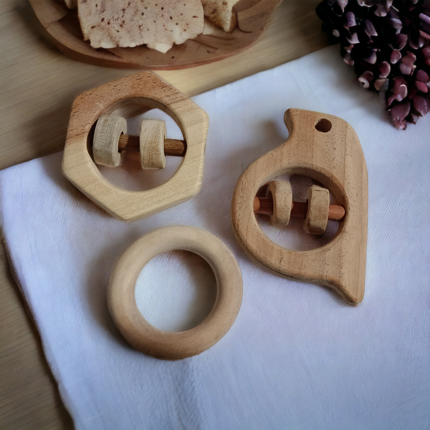 Neem Wooden Rattles & Teethers - Sparrow, Hexagon & Ring Shapes - Tinycubs - 