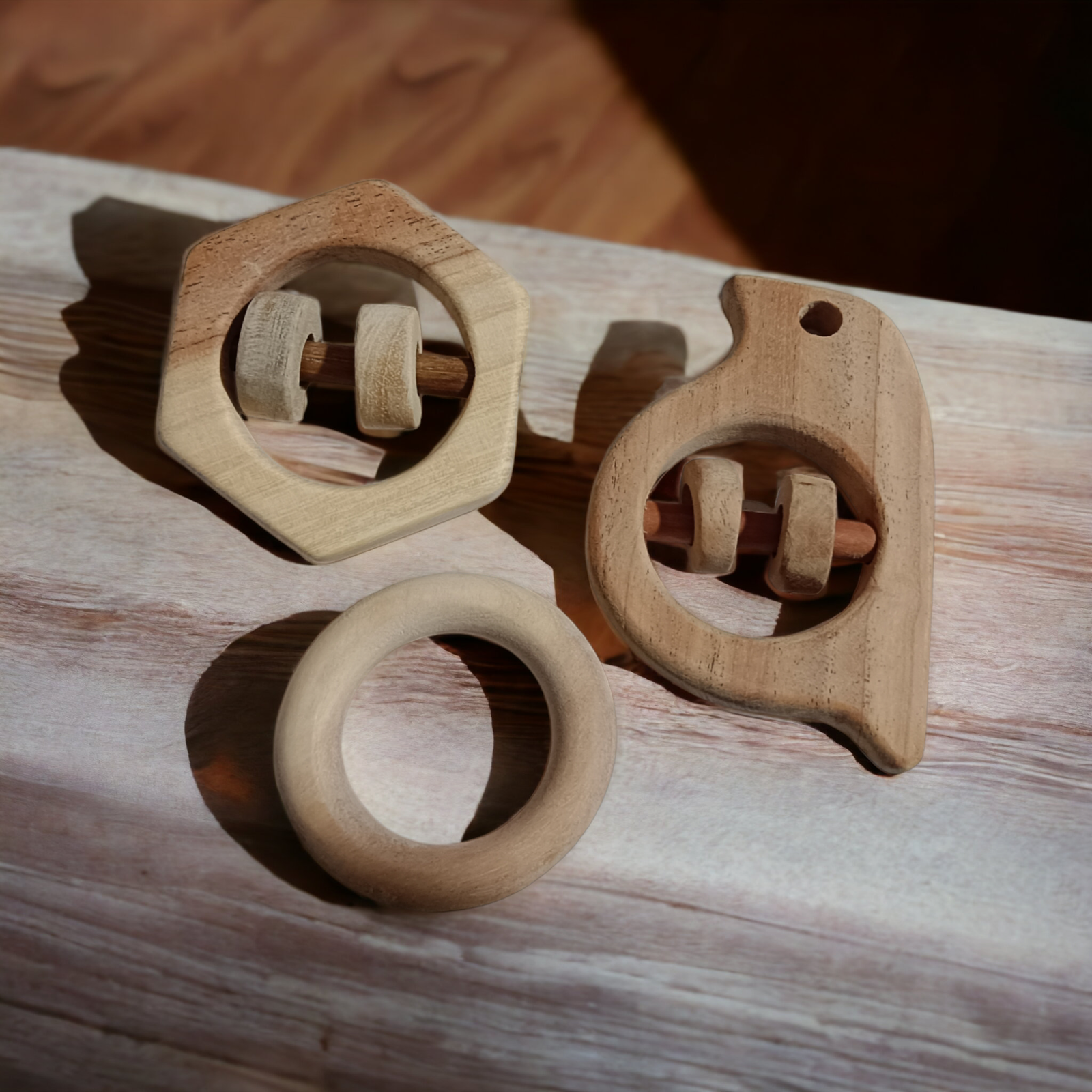 Neem Wooden Rattles & Teethers - Sparrow, Hexagon & Ring Shapes - Tinycubs - 