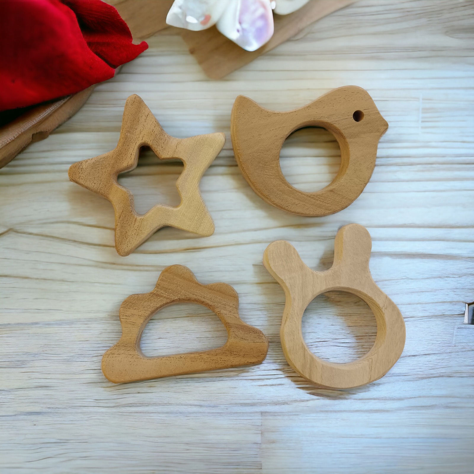 Neem Wooden Teethers For Babies Of Age 0 To 3 Years | Star,Cloud,Dove&Bunny Shapes - Tinycubs - 