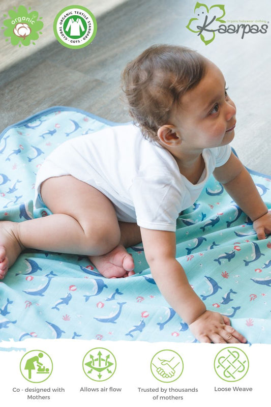 Ocean Dive' 2 layer organic muslin blanket : Dolphin - Tinycubs - 