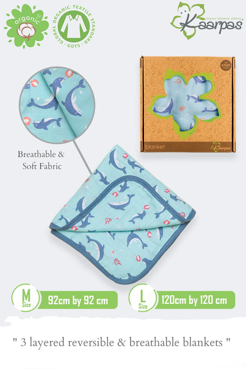 Ocean Dive' 2 layer organic muslin blanket : Dolphin - Tinycubs - 