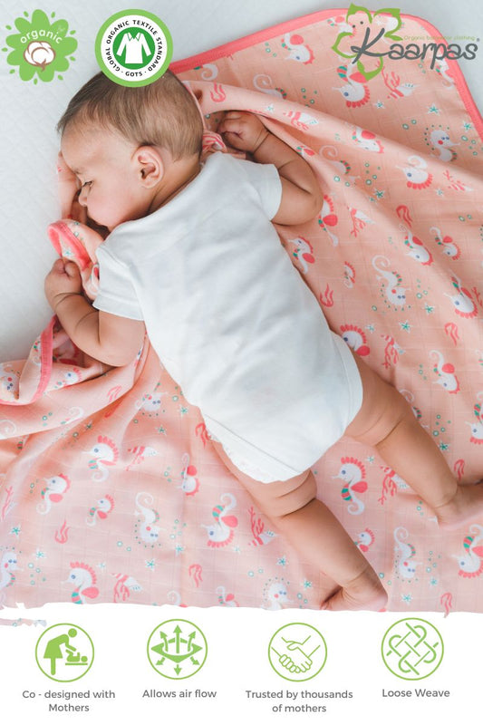 Ocean Dive' 2 layer organic muslin blanket : Seahorse - Tinycubs - 