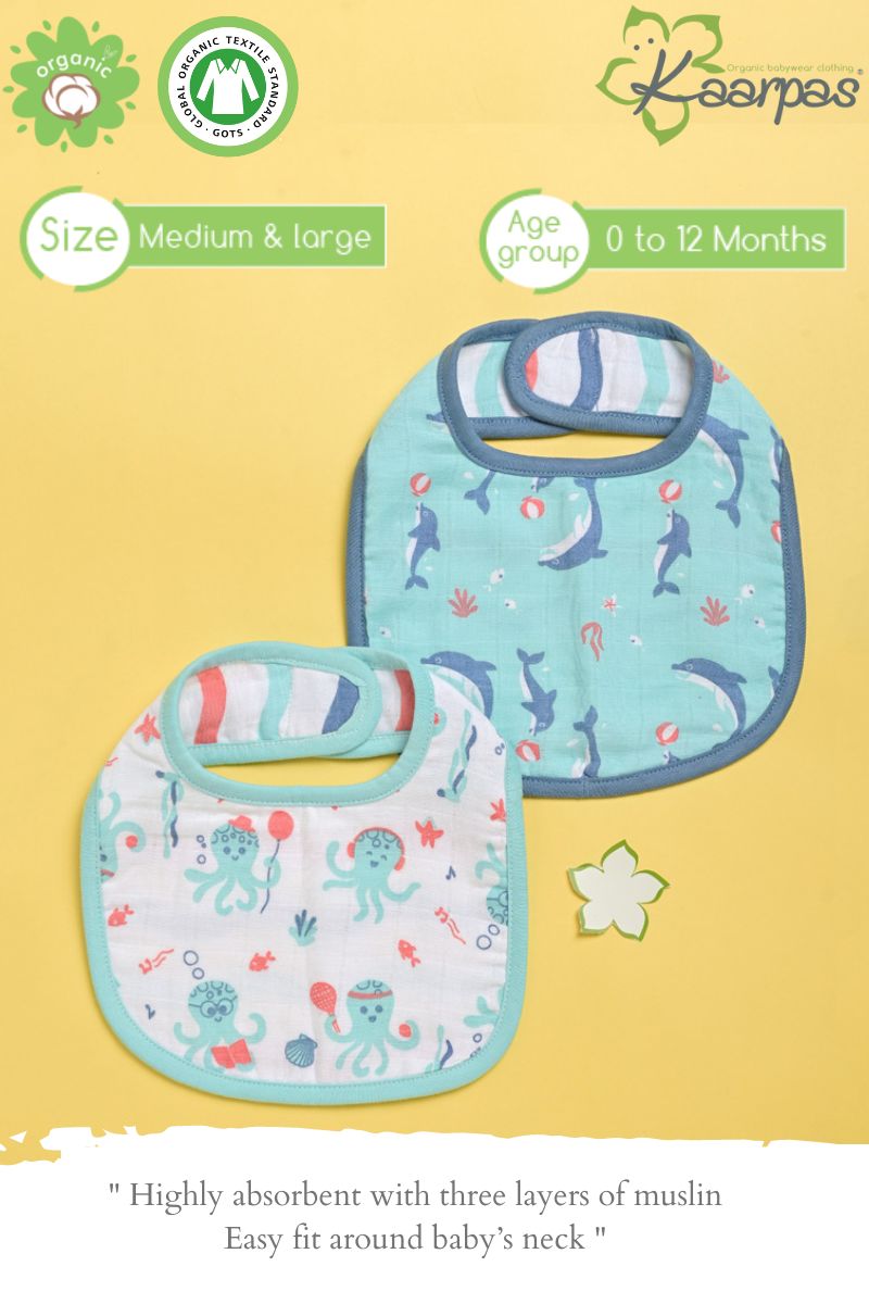 Ocean Dive' Organic Cotton Baby Bibs - Pack Of 2 - Dolphin, Octopus - Tinycubs - 
