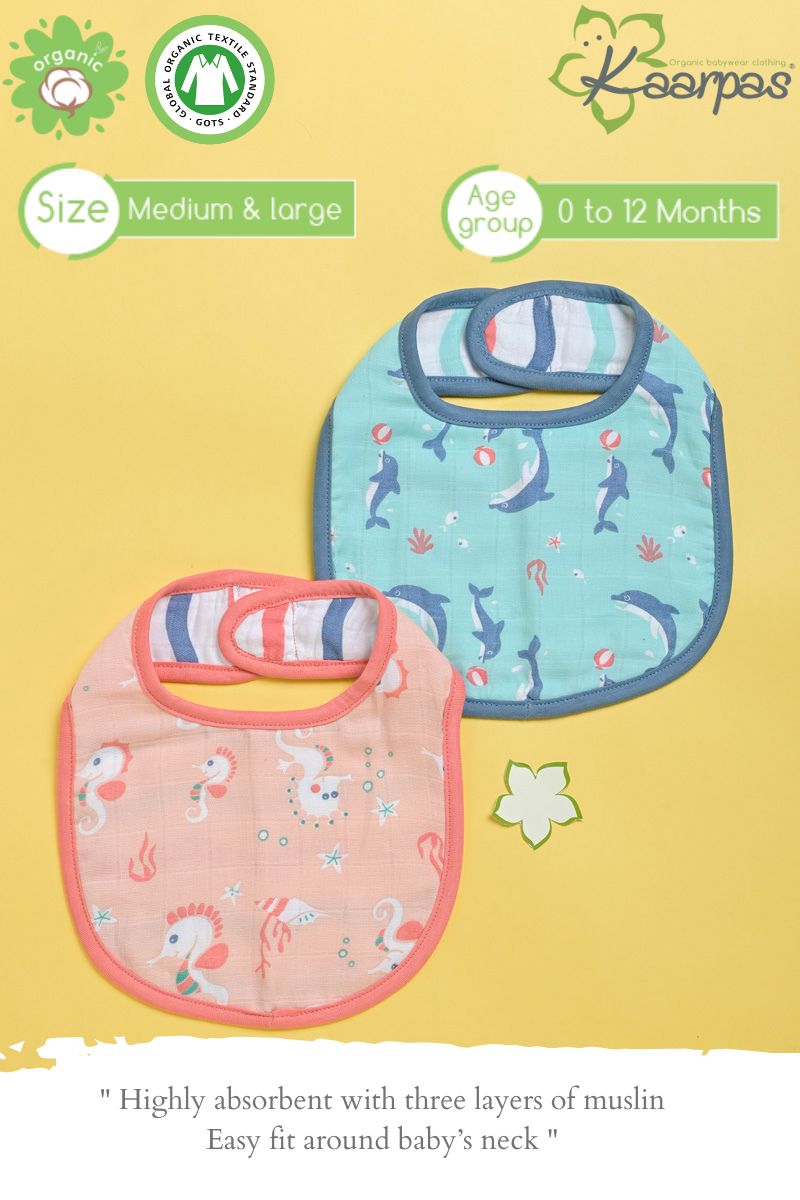 Ocean Dive' Organic Cotton Baby Bibs - Pack Of 2 - Dolphin, Seahorse - Tinycubs - 