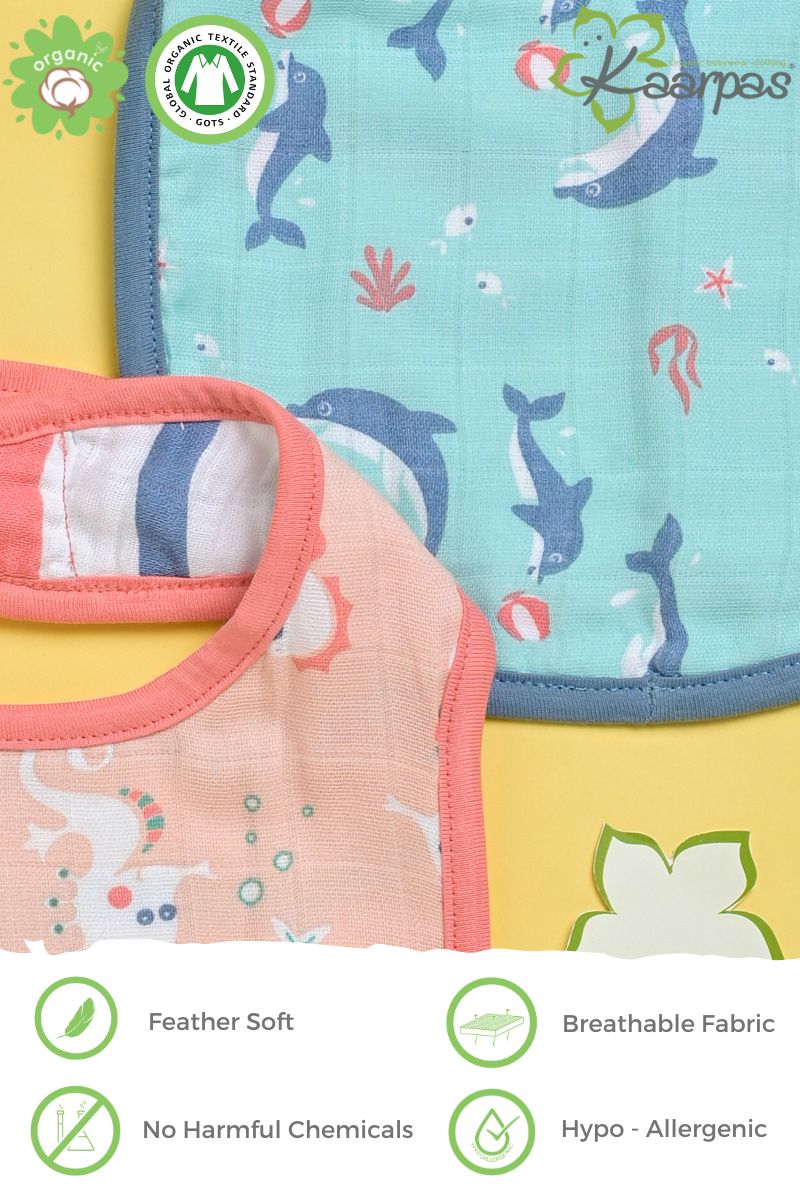 Ocean Dive' Organic Cotton Baby Bibs - Pack Of 2 - Dolphin, Seahorse - Tinycubs - 